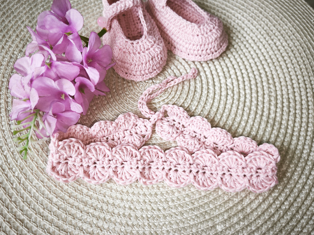 Zestaw niemowlęcy AURORA – buciki i opaska handmade | 100% bawełna